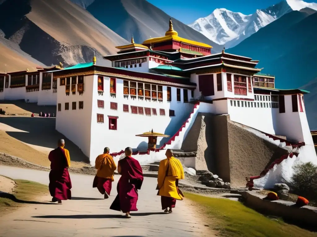 Un monasterio tibetano rodeado de montañas del Himalaya con banderas de oración y monjes debatiendo, reflejando la lógica y debate en budismo tibetano