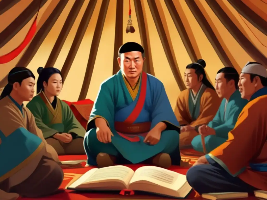 En un yurta mongol, Tolui, hijo de Genghis Khan, estudia entre maestros, reflejando su vida dual