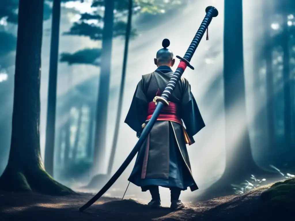 Un monje guerrero japonés en armadura tradicional, con un naginata, en un bosque neblinoso