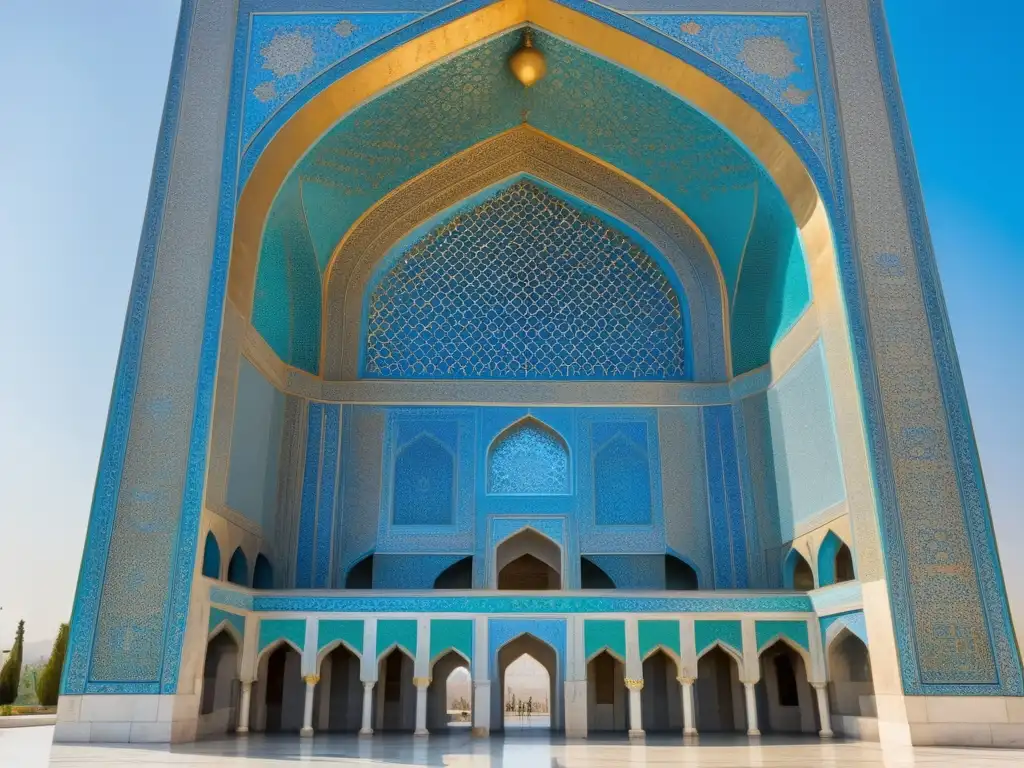 Un monumento imponente en el Legado Nader Shah, Irán, destaca con detalles en azul, turquesa y oro, contrastando con el cielo azul claro