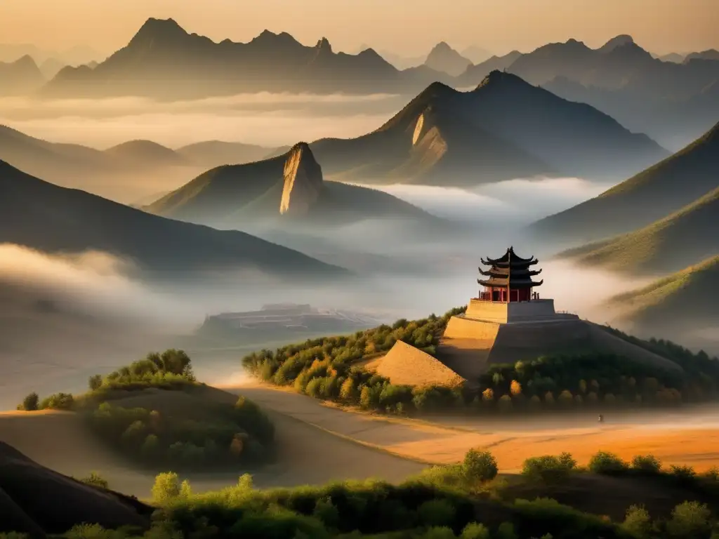 Un monumento de piedra en medio de un terreno montañoso y neblinoso en el norte de China