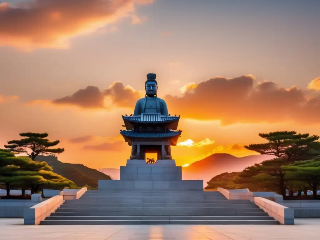 Monumento de Hangul: legado de King Sejong al atardecer Un monumento de piedra con el alfabeto coreano y la estatua de Sejong el Grande al fondo, bajo un atardecer vibrante