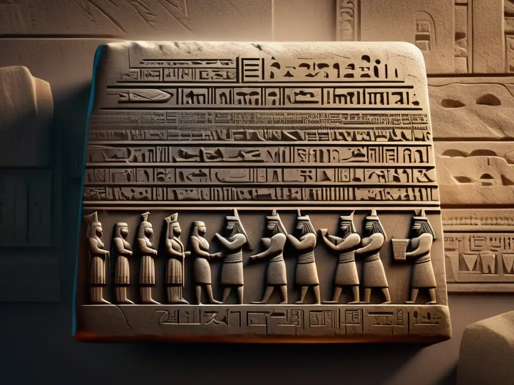 Un monumento de piedra con el Código de Hammurabi en detallada ilustración digital 8k, contrastando historia antigua y estética moderna