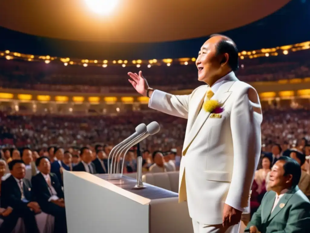 Sun Myung Moon en un escenario iluminado, con un traje blanco, cautiva a una audiencia diversa