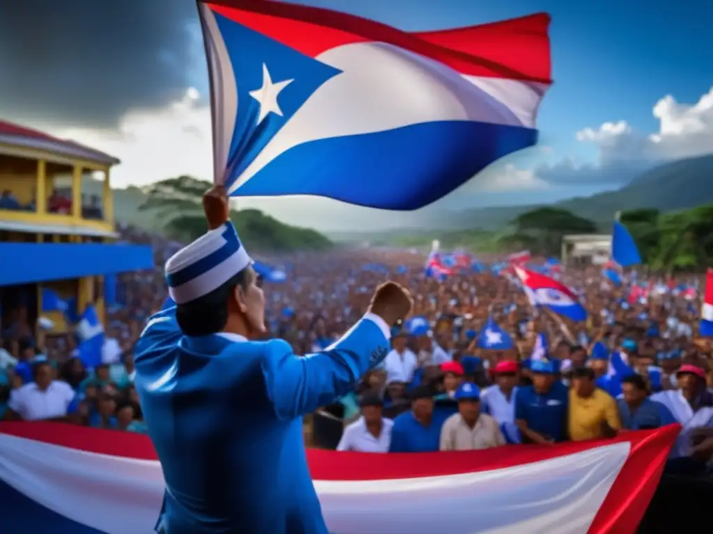 Ramón Villeda Morales inspira a sus seguidores con un apasionado discurso, ondeando la bandera de Honduras