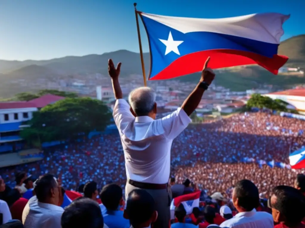 Ramón Villeda Morales habla apasionadamente ante seguidores en Tegucigalpa, con la bandera de Honduras de fondo