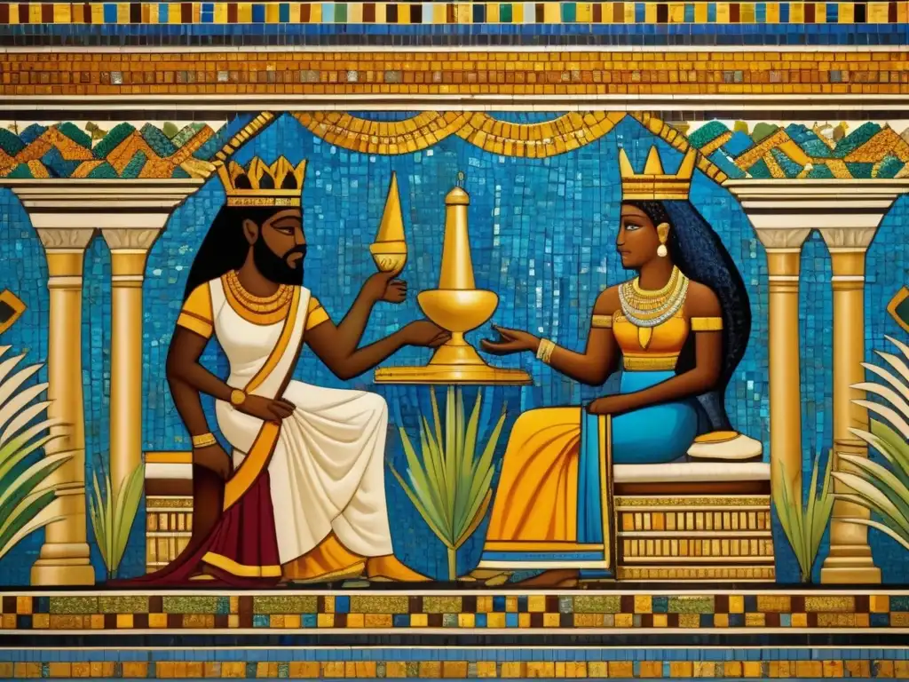Un mosaico detallado muestra el encuentro legendario entre la Reina de Saba y el Rey Salomón, evocando opulencia y misticismo