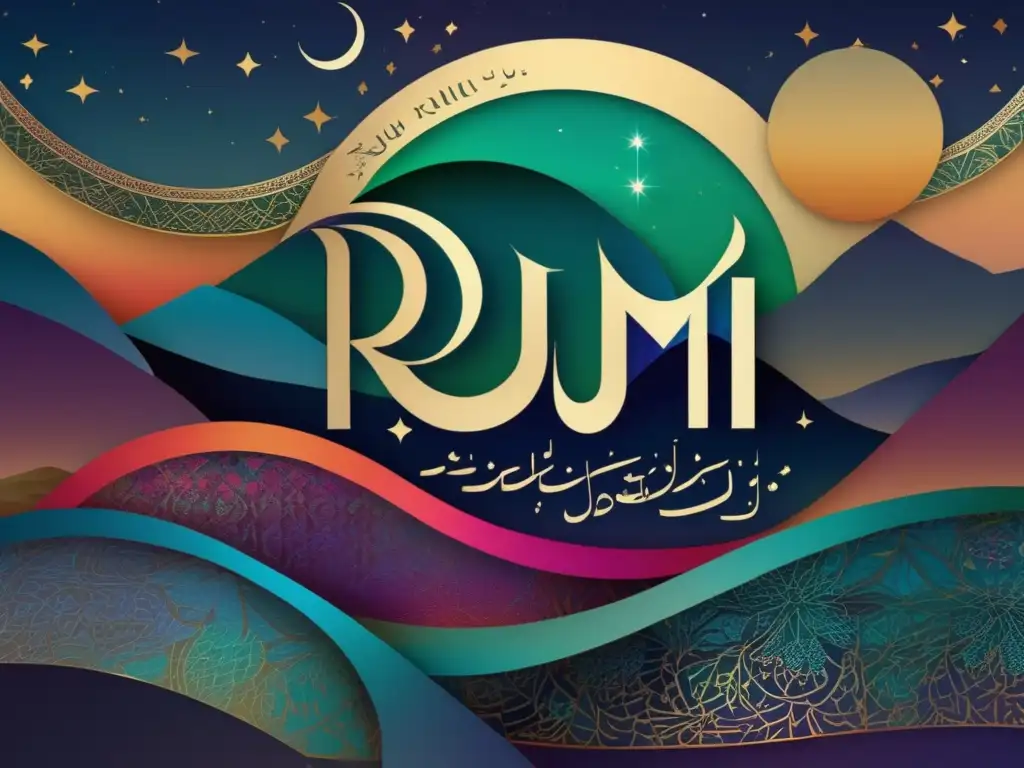 Un mosaico digital moderno y detallado en tonos vibrantes, con caligrafía árabe de los poemas de Rumi sobre un paisaje sereno y estrellado