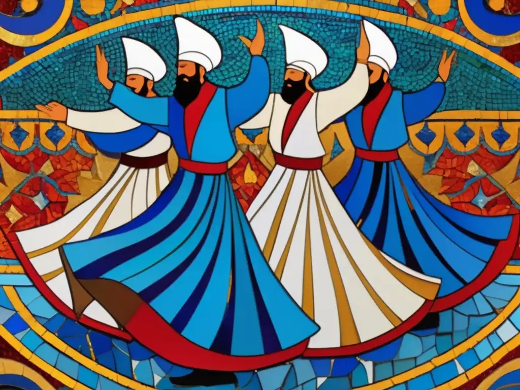 Un mosaico hipnótico de derviches girando, capturando la influencia de Rumi en espiritualidad sufí