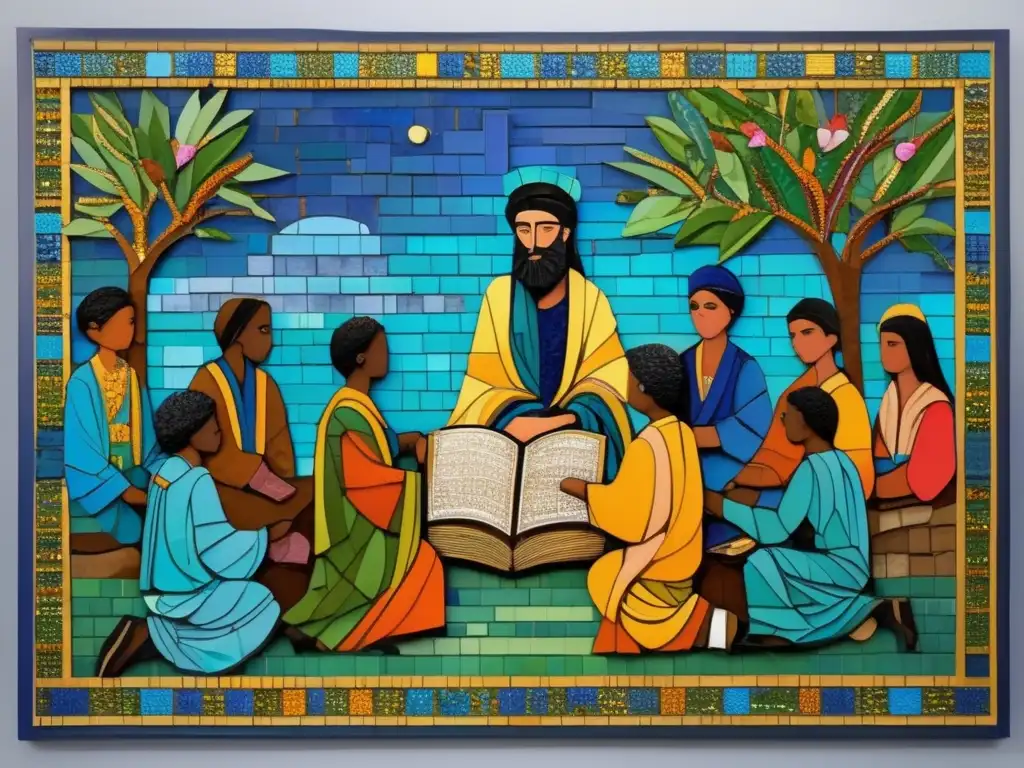 Rabí Akiva: Enseñanza vibrante en la ciudad moderna Un mosaico moderno retrata a Rabí Akiva enseñando a estudiantes en una bulliciosa ciudad