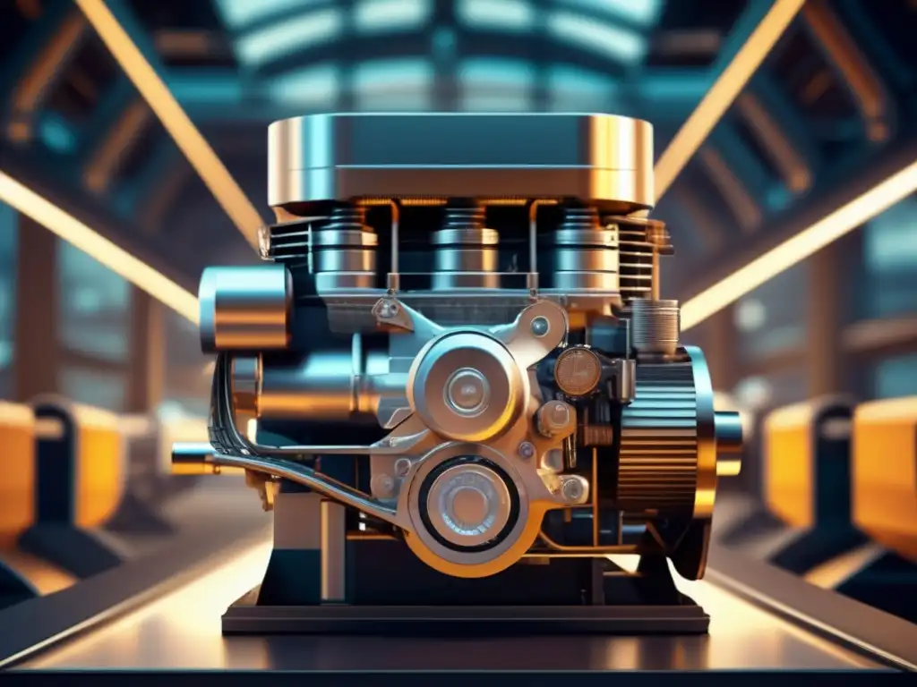 Un motor de Rudolf Diesel destaca en un entorno industrial futurista, resaltando su eficiencia en el transporte