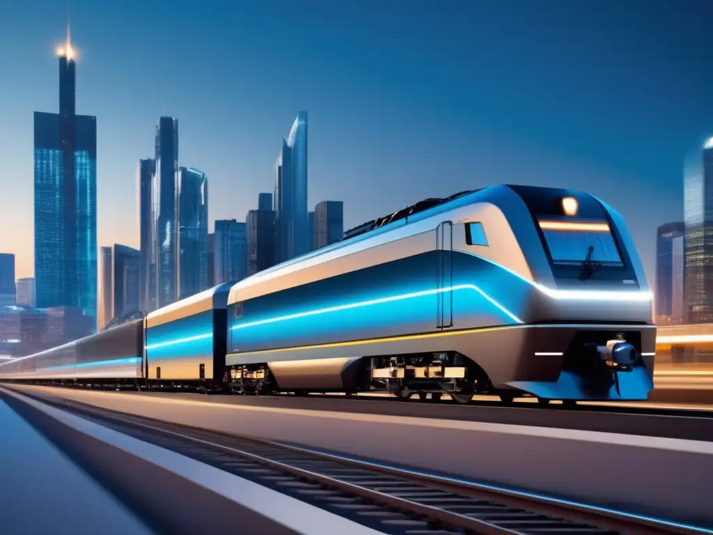 Un motor de Rudolf Diesel impulsa un tren de carga futurista a través de la ciudad, simbolizando eficiencia y tecnología en el transporte