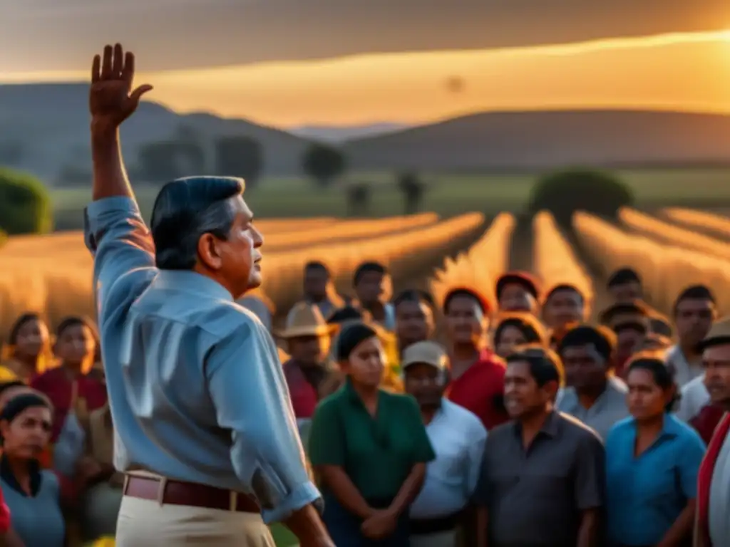 César Chávez lidera movimiento campesino, con gesto determinado en un campo al atardecer
