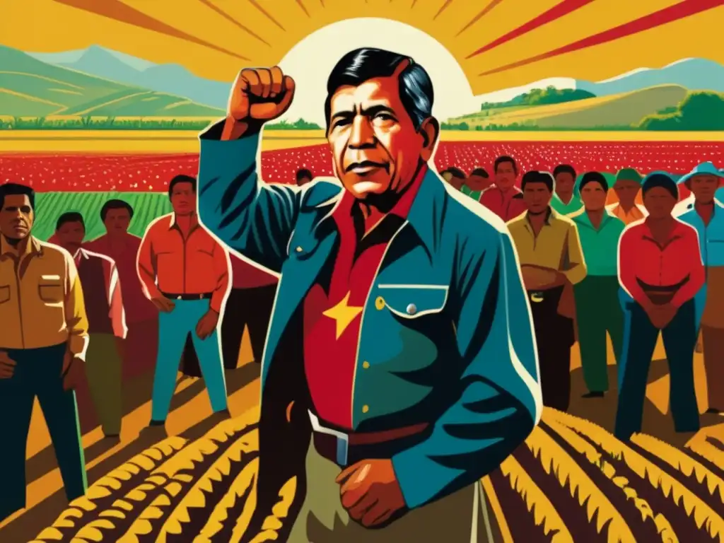 César Chávez lidera el Movimiento Campesino con determinación, rodeado de seguidores en un campo