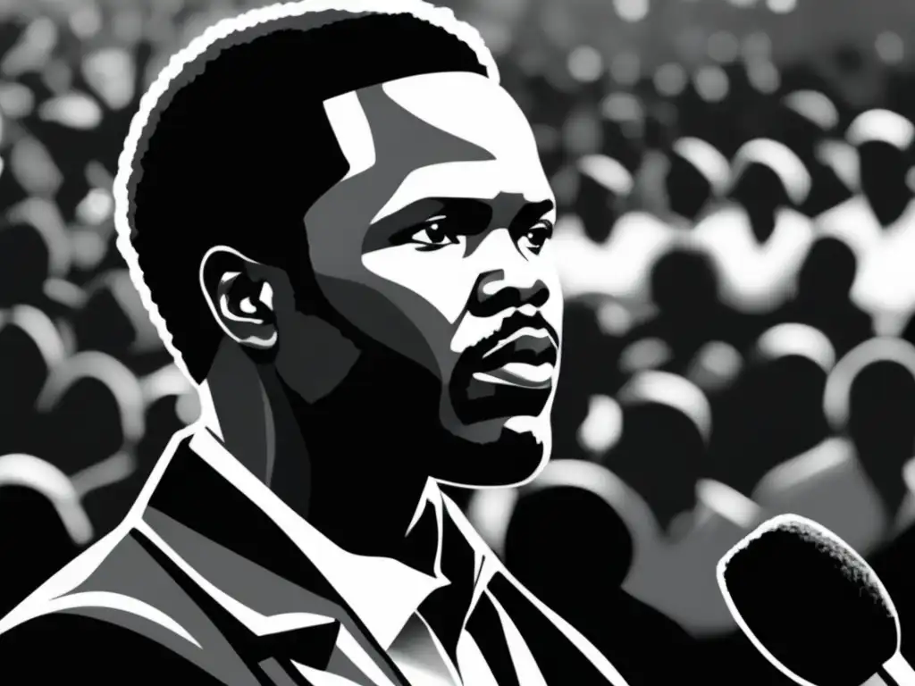Steve Biko liderando el movimiento de conciencia negra, con su mirada determinada y su presencia impactante frente a la multitud atenta