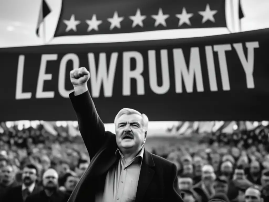 Biografía Lech Wałęsa Solidaridad Movimiento: Lech Wałęsa, con el puño en alto, habla ante una multitud, reflejando pasión y determinación
