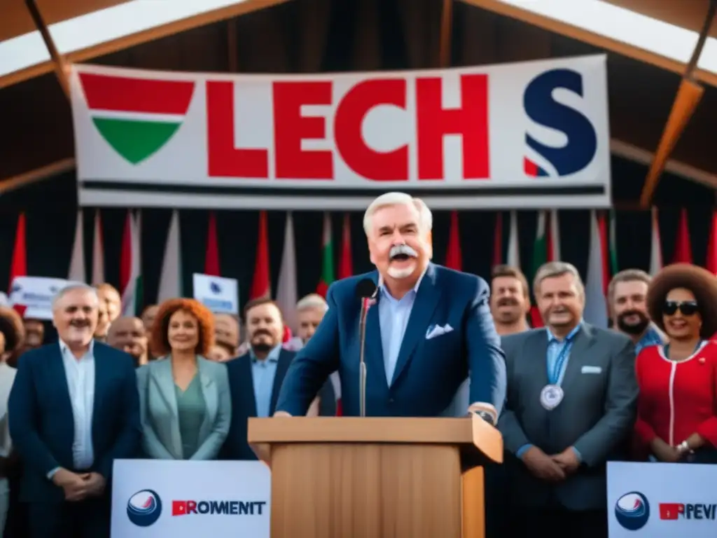 Lech Wałęsa lidera el Movimiento Solidaridad, rodeado de seguidores con pancartas
