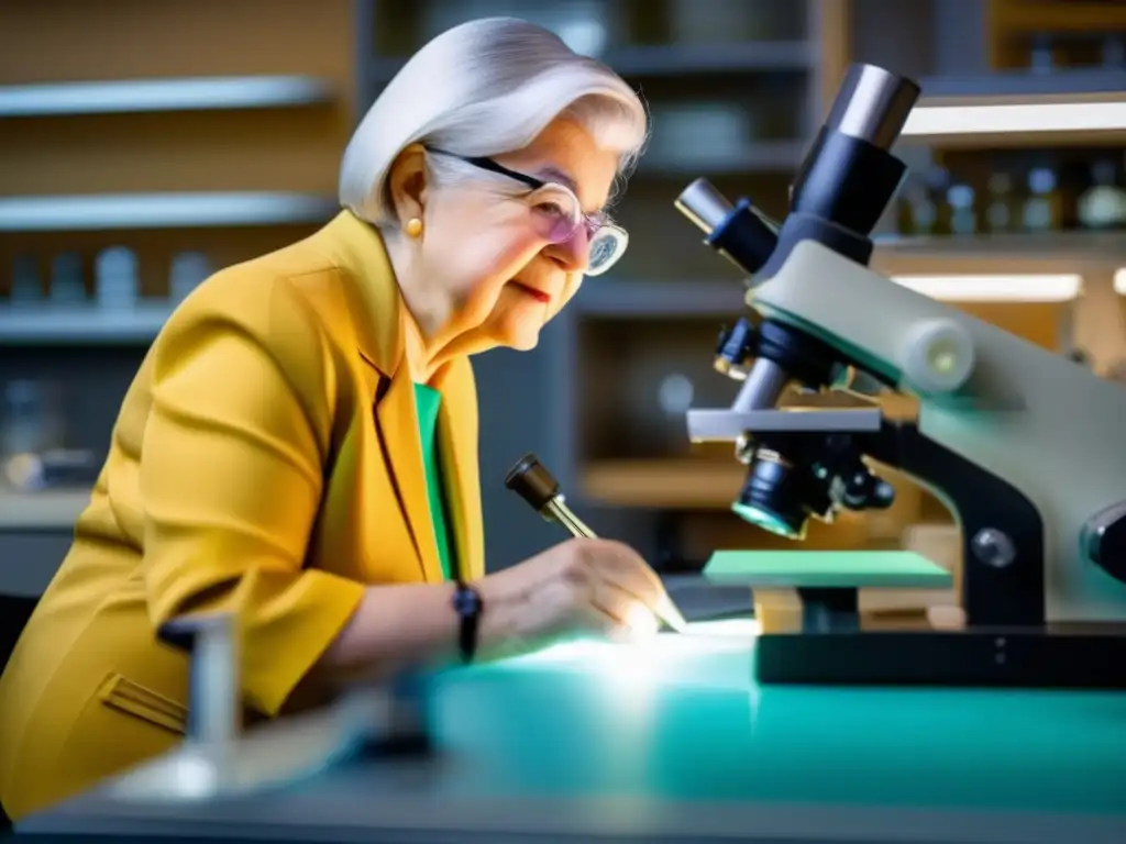 La química Stephanie Kwolek inspecciona detalladamente una muestra de tejido de Kevlar en un laboratorio, destacando la fortaleza del material