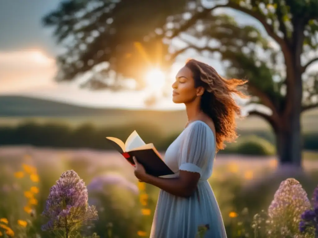 Una mujer en un campo de flores silvestres, sosteniendo un libro de poesía mientras el sol brilla sobre ella