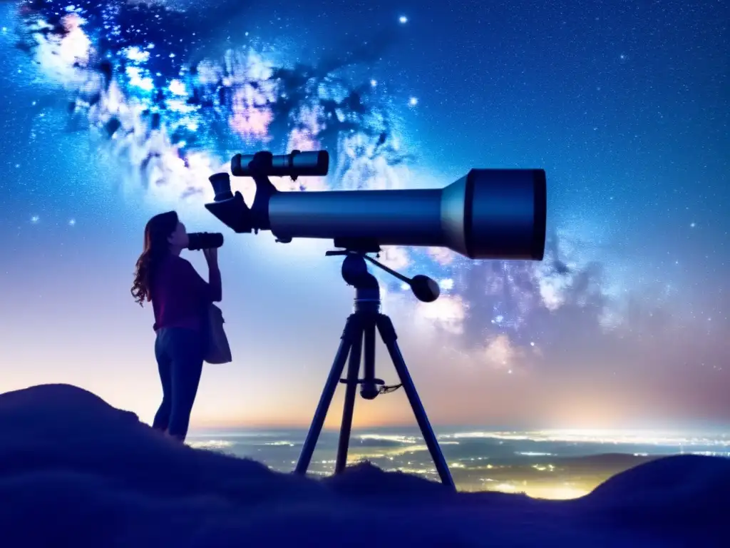 Una mujer contempla el cielo estrellado a través de un telescopio, evocando la maravilla de la astronomía femenina y el legado de María Mitchell