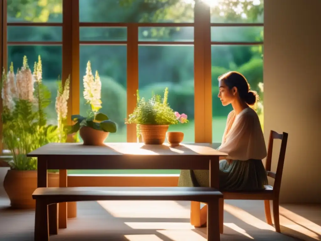 Una mujer en contemplación, iluminada por la luz del sol, mirando un jardín vibrante