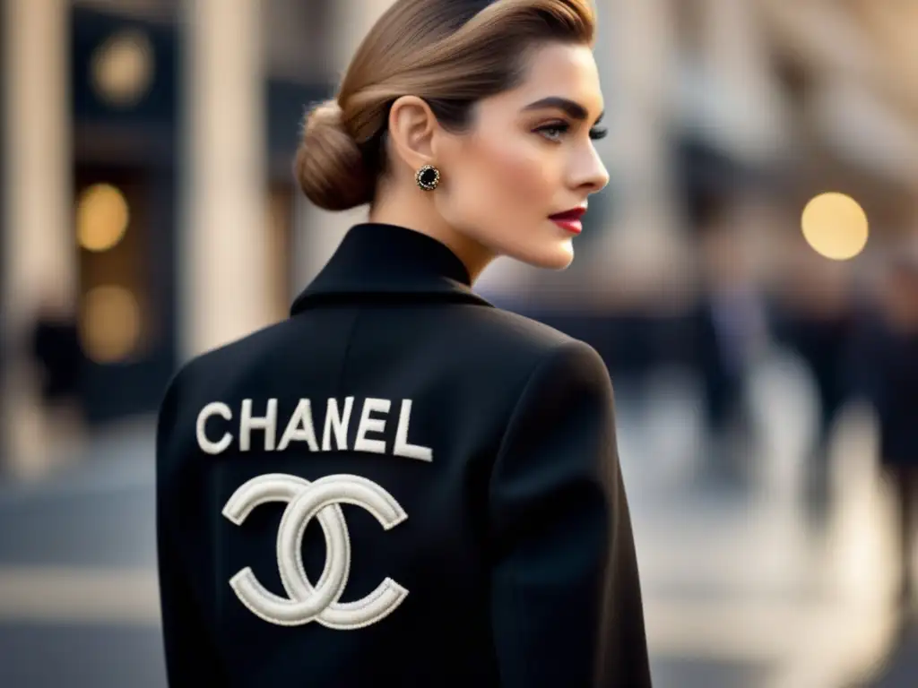 Una mujer moderna luce un elegante saco negro de Chanel, con el logo bordado