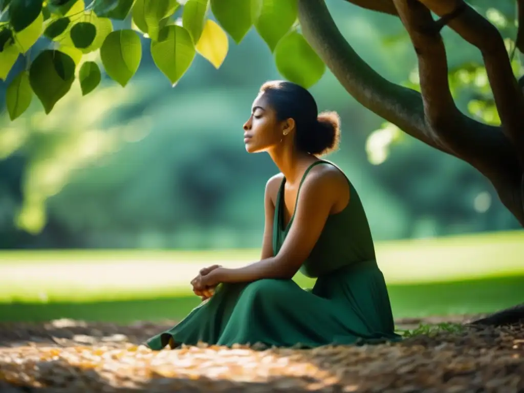Una mujer en profunda contemplación bajo la luz del sol entre las hojas