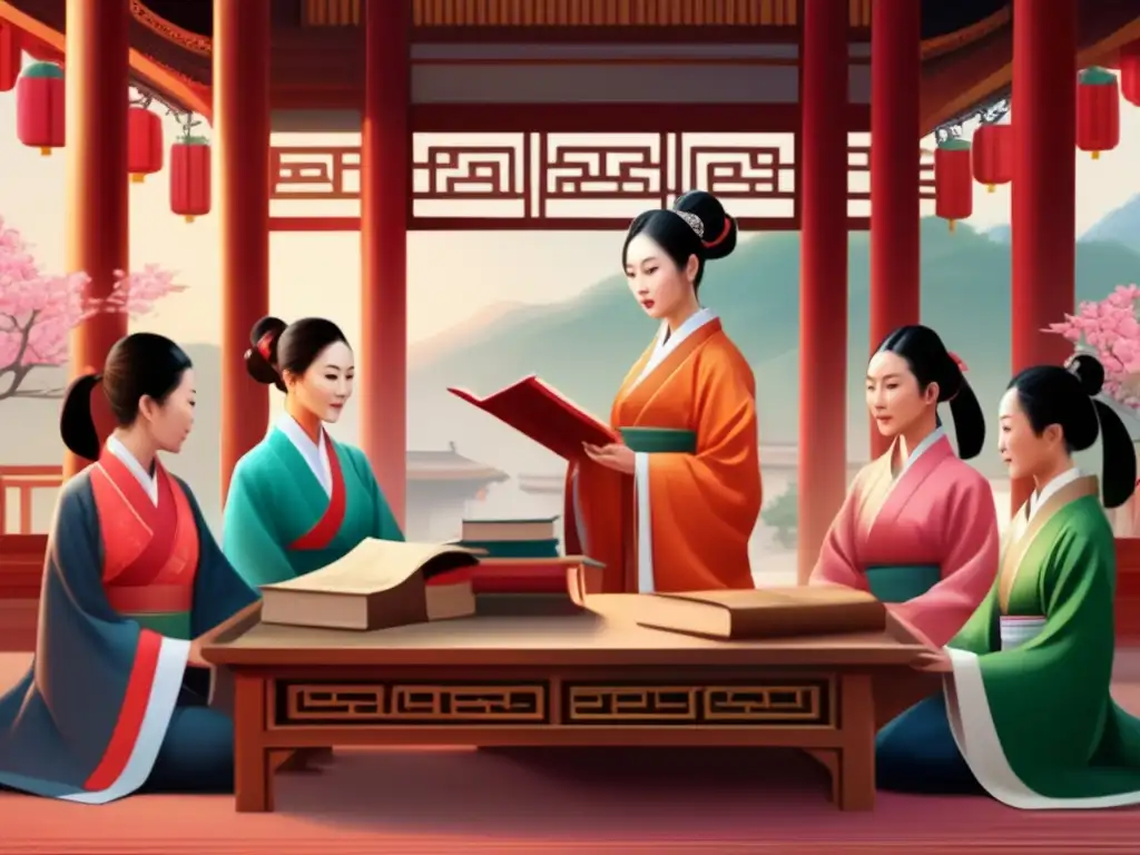 La ilustración muestra a Ban Zhao enseñando a mujeres en un entorno sereno y elegante, resaltando su papel pionero en el confucianismo femenino