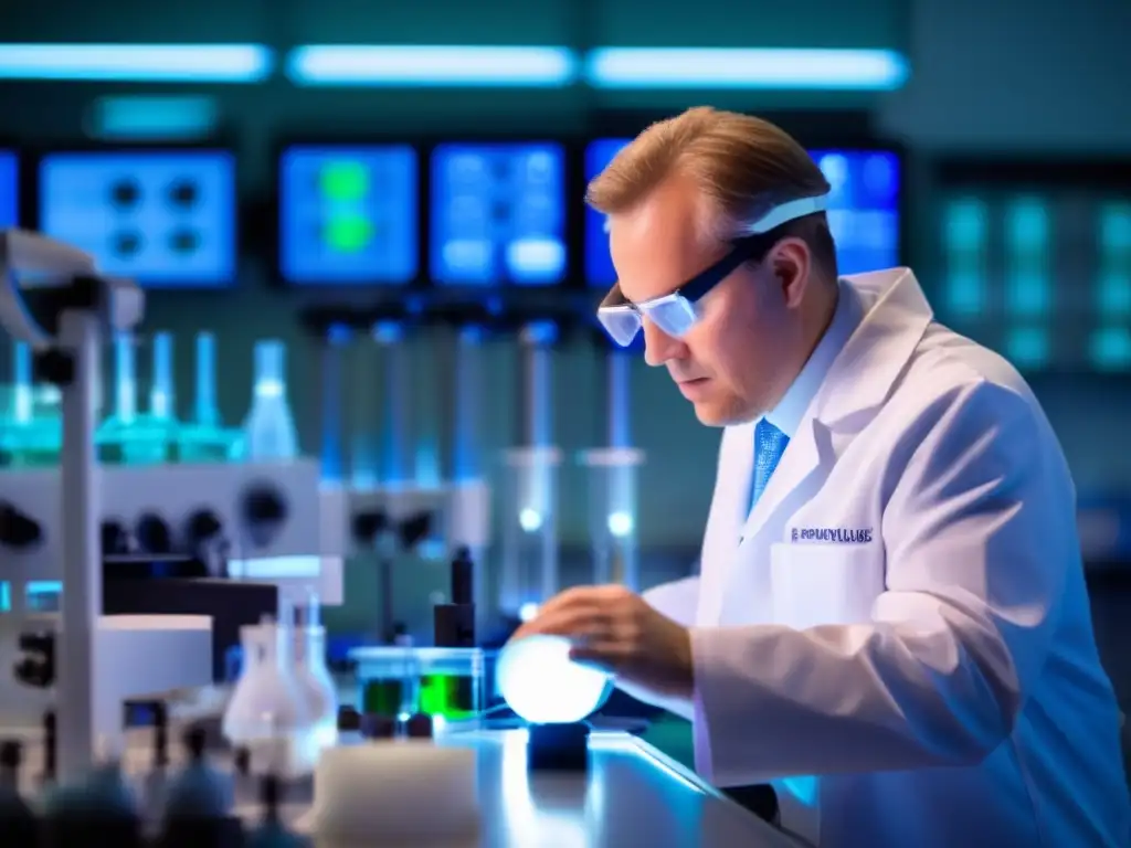 Kary Mullis en laboratorio, enfocado en experimento biotecnológico