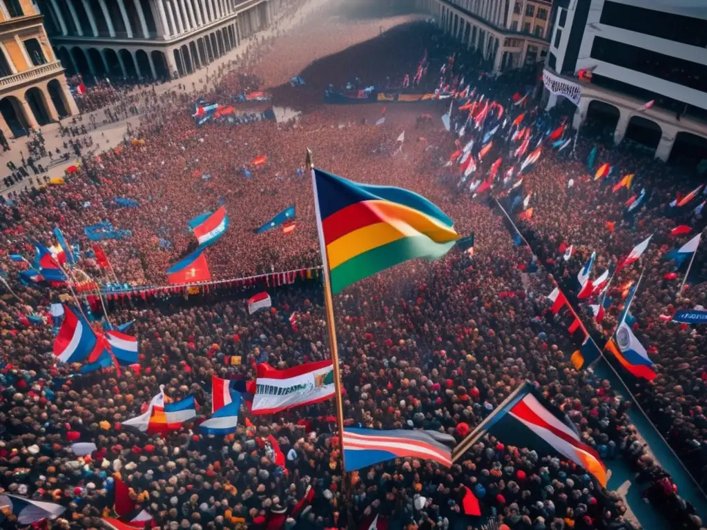 Una multitud apasionada se reúne en una plaza de la ciudad, sosteniendo pancartas y banderas con consignas revolucionarias