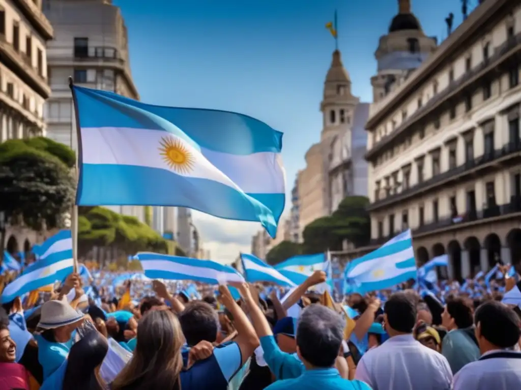 Una multitud de argentinos jubilosos ondeando banderas y vitoreando en las calles de Buenos Aires con un gran letrero que dice 'El retorno de la democracia' en colores vibrantes y audaces