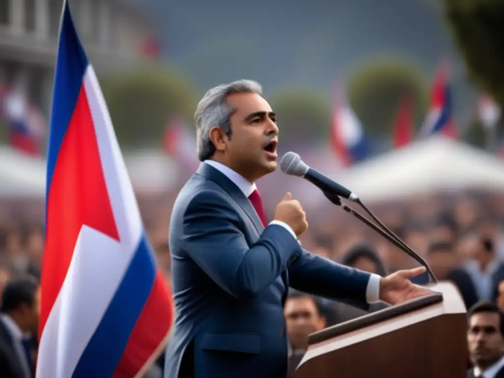 Jorge Alessandri habla apasionadamente a una multitud con la bandera chilena ondeando detrás