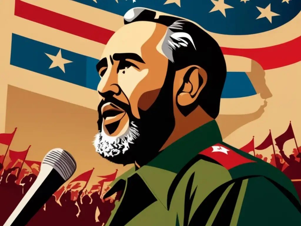 Fidel Castro lidera una multitud con pasión y determinación, en una ilustración digital moderna de alta resolución