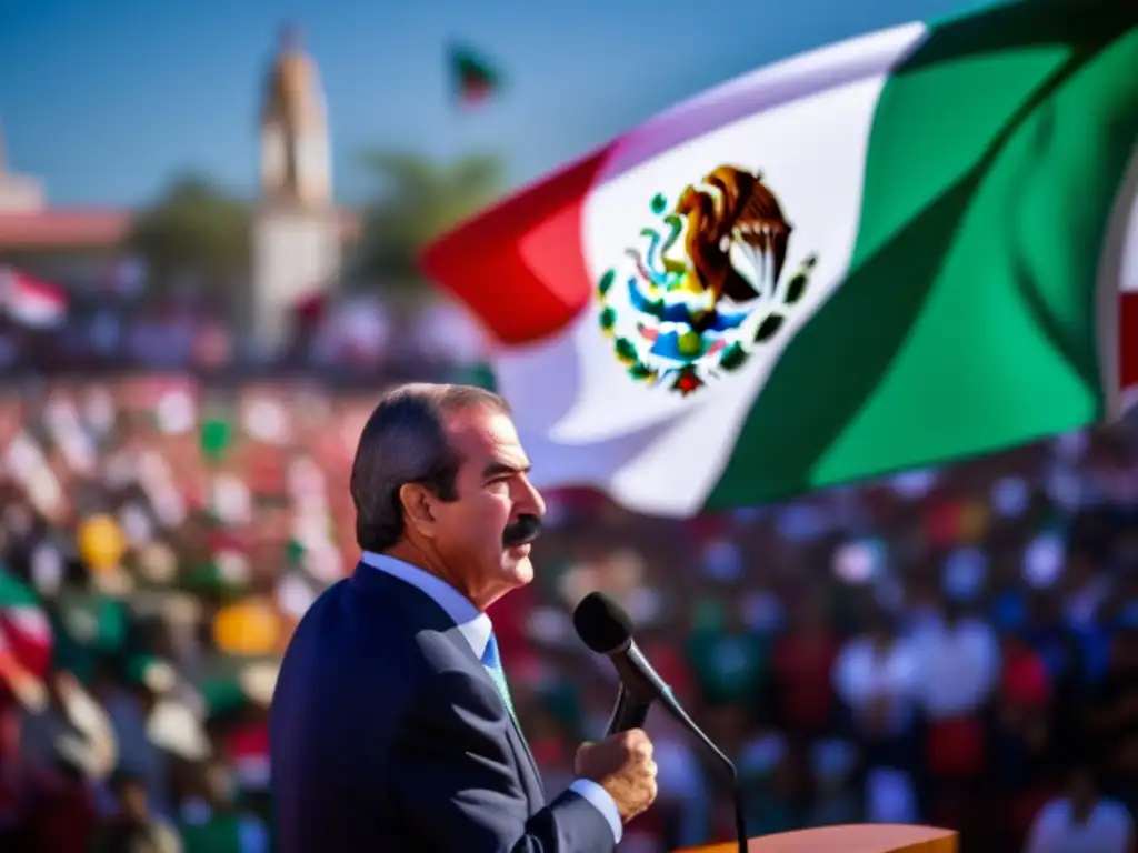 Vicente Fox emociona a multitud con discurso apasionado, la bandera mexicana ondea detrás