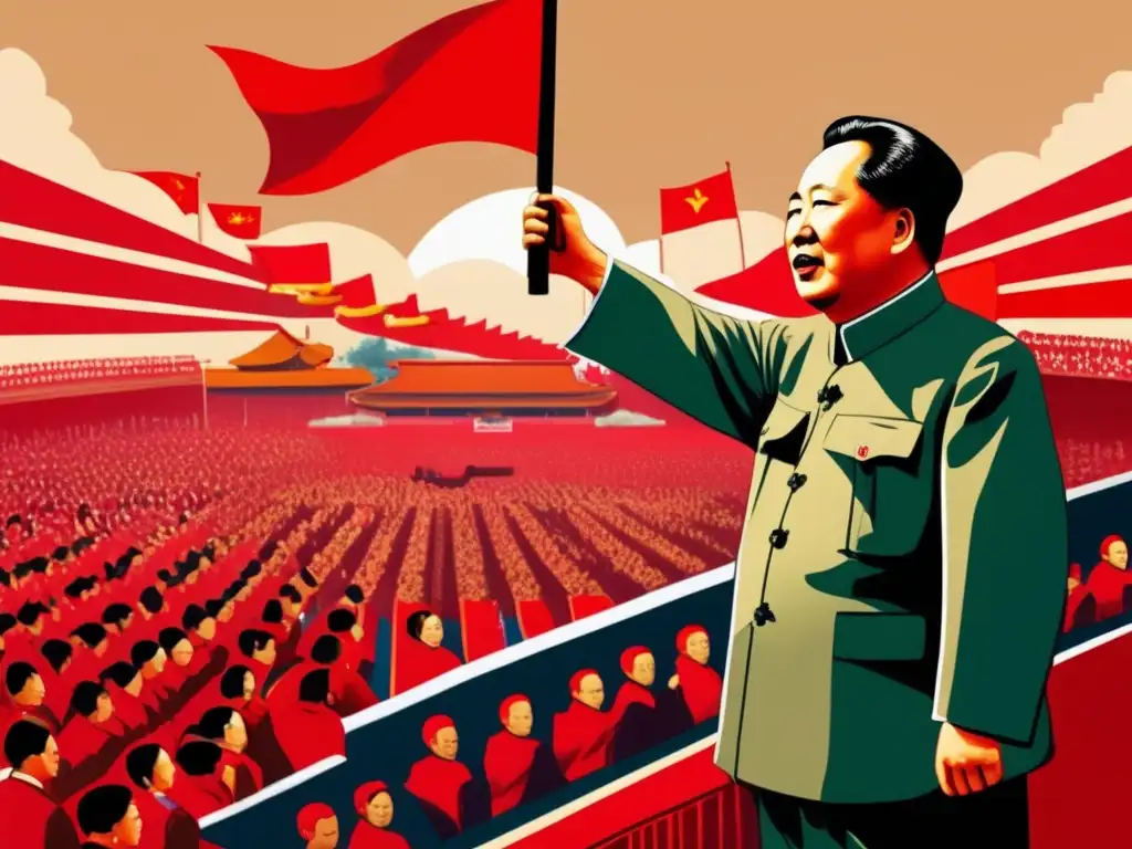 Mao Zedong inspirando a una multitud con su discurso apasionado y gestos poderosos, rodeado de banderas rojas y eslóganes revolucionarios