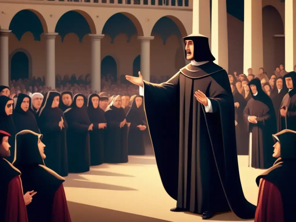 En la ilustración, Girolamo Savonarola cautiva a la multitud con un discurso apasionado, mientras la luz dramática resalta su expresión determinada