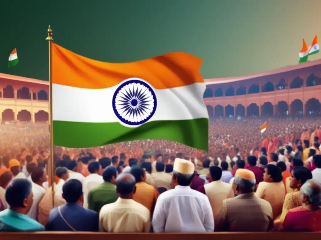Chandra Shekhar se dirige a una multitud diversa bajo la bandera de la India, reflejando su legado político y su conexión con el pueblo