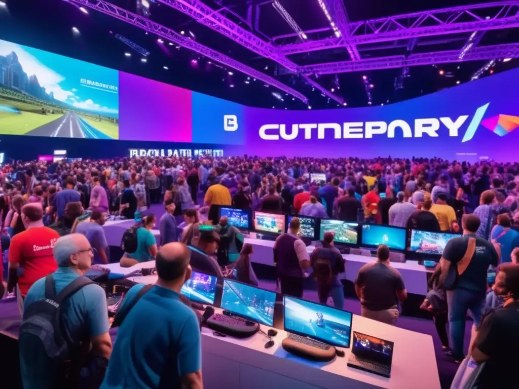 Una multitud diversa explora consolas de videojuegos en una convención moderna