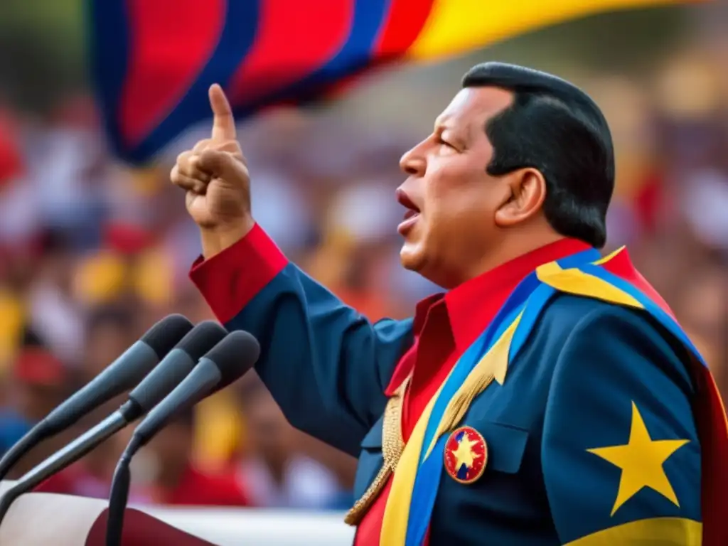 Hugo Chávez lidera una multitud con pasión y determinación, simbolizando la energía de la Revolución Bolivariana en Venezuela