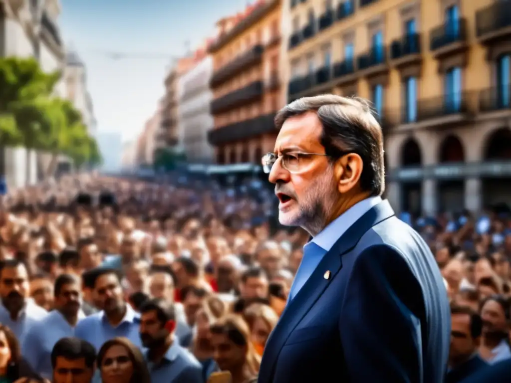 Mariano Rajoy abordando la multitud con determinación, enfoque en su expresión facial y las caras atentas de la audiencia