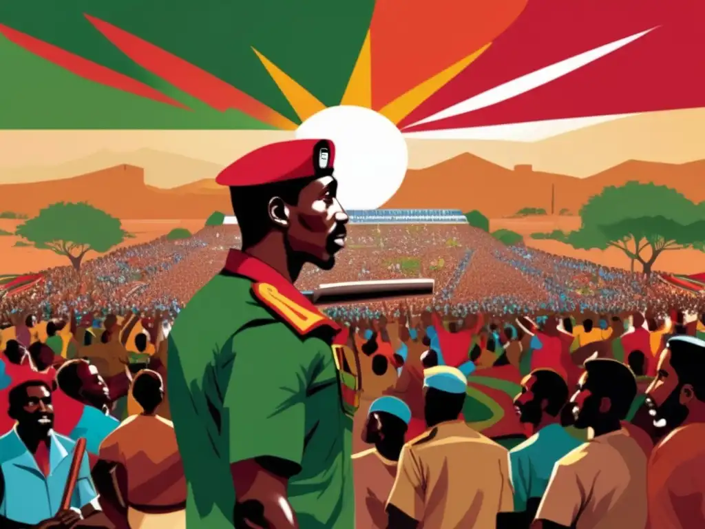 Thomas Sankara lidera una multitud en fervor revolucionario, con el paisaje de Burkina Faso de fondo
