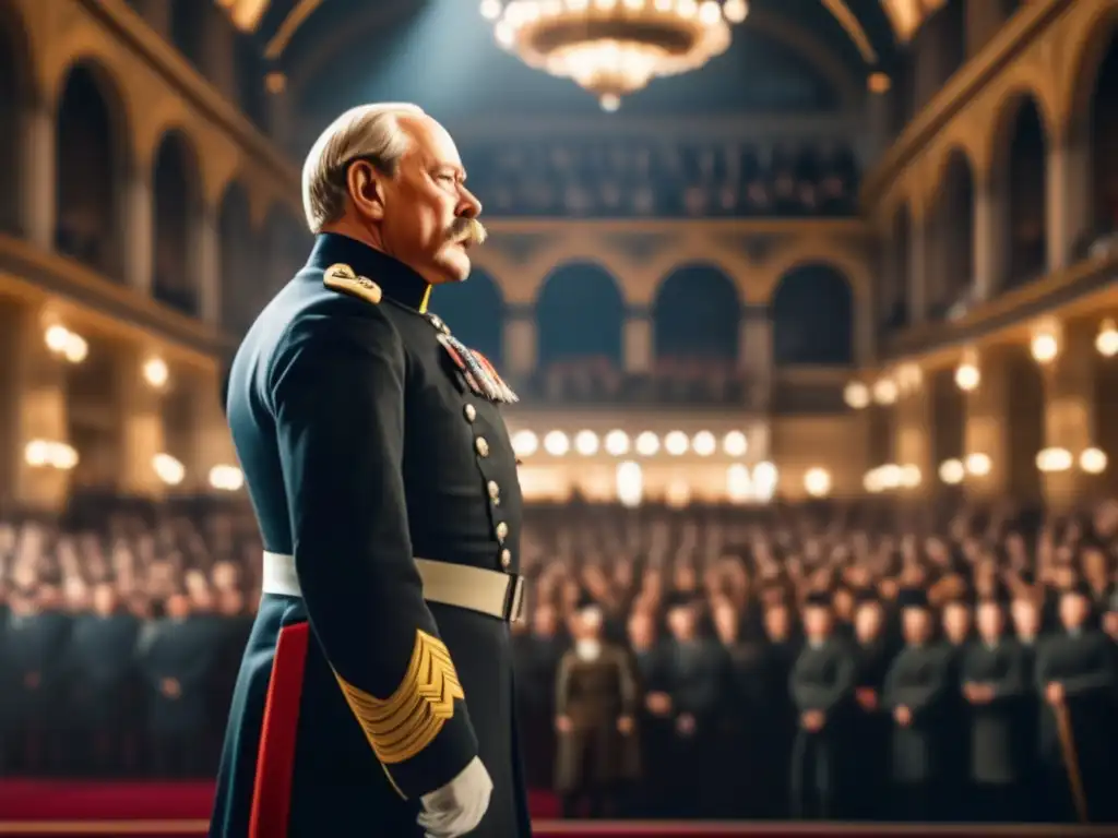 Otto von Bismarck dirige a una multitud en un gran salón, con iluminación dramática