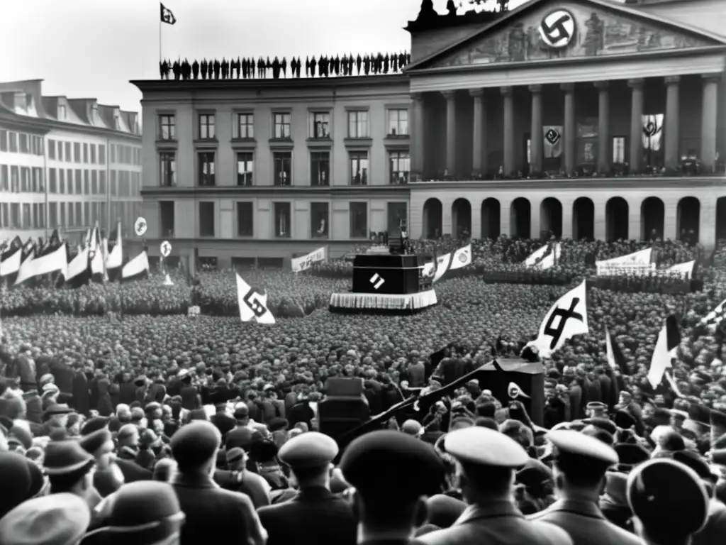 Una multitud se reúne en una plaza de la ciudad, cautivada por un orador rodeado de micrófonos y una bandera del partido nazi