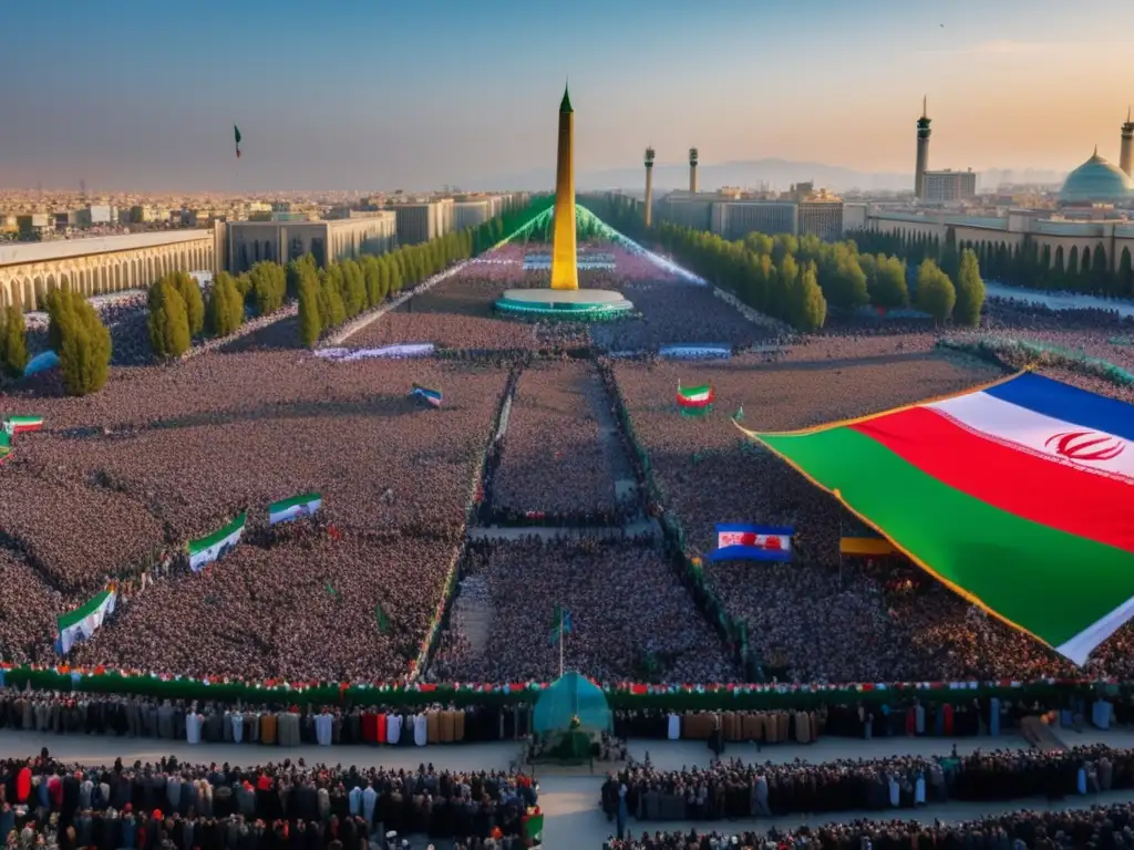 Multitud en Plaza Azadi de Teherán durante la Revolución Iraní Una multitud en la Plaza Azadi de Teherán escucha un discurso del Ayatolá, simbolizando el impacto de la Revolución Iraní