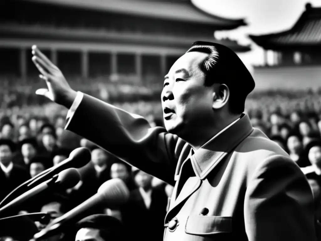 Mao Zedong lidera una multitud con determinación en una poderosa imagen en blanco y negro