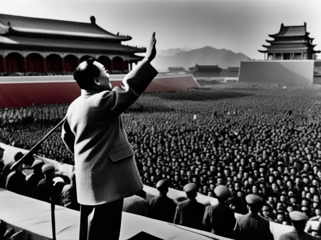 Mao TseTung lidera una multitud con puños en alto, en un discurso apasionado bajo la bandera china - Filosofía revolucionaria de Mao TseTung