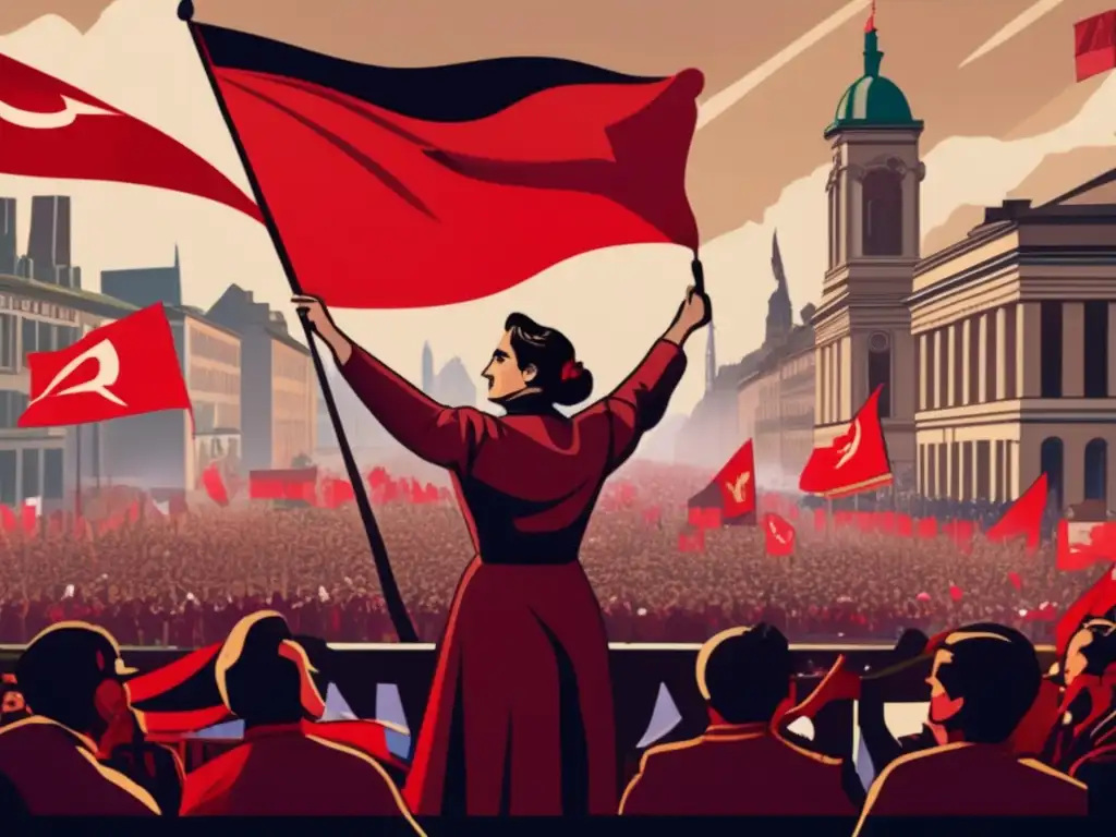 Rosa Luxemburgo liderando una multitud en una revolución socialista, con puño en alto y determinación