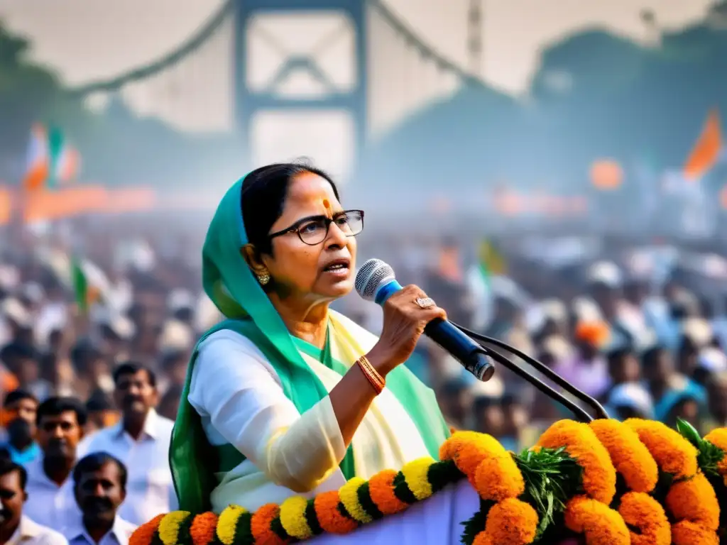 Una multitud vibrante escucha a Mamata Banerjee en un mitin político en Bengala, con el icónico Puente Howrah de fondo
