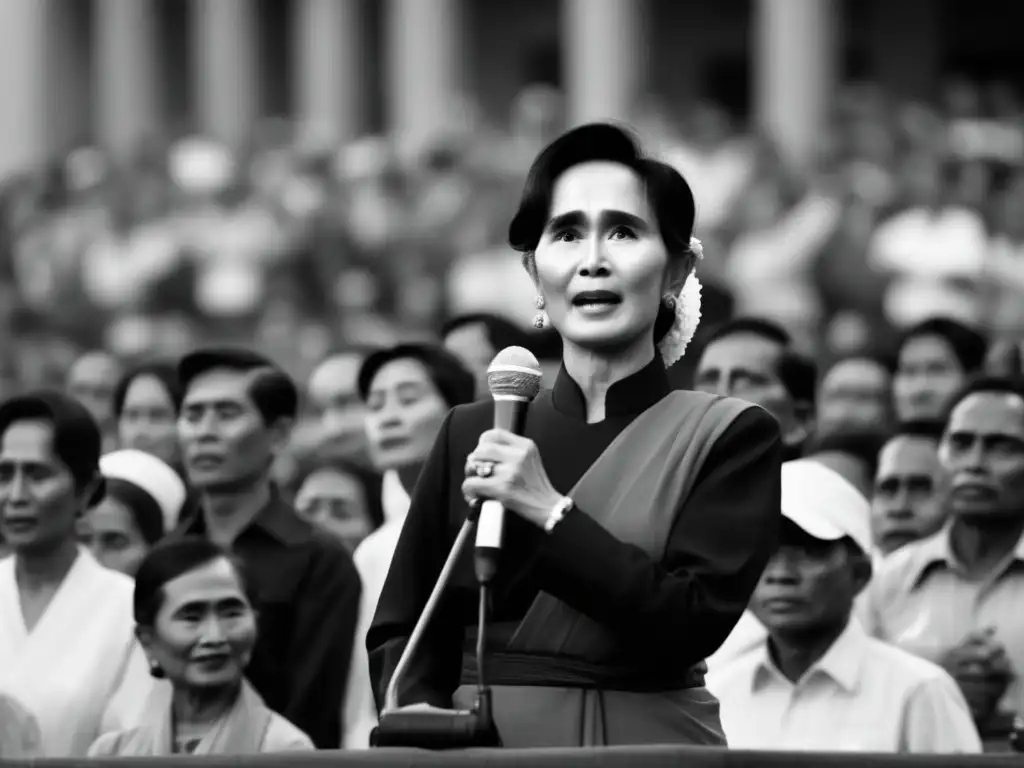 Aung San Suu Kyi liderando a una multitud con determinación