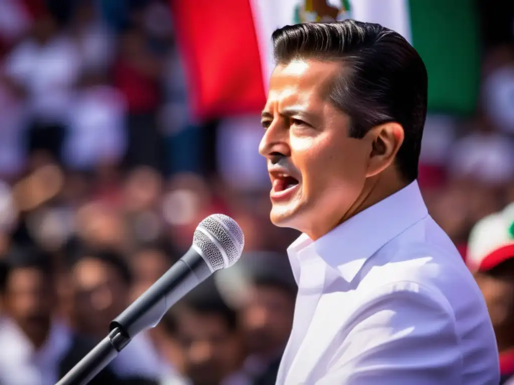 Enrique Peña Nieto inspira a multitudes en un apasionado mitin político, con la bandera mexicana ondeando de fondo y seguidores diversos vitoreando